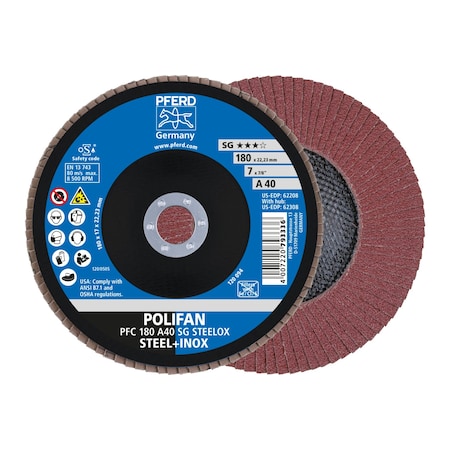 Pferd 7" x 7/8" A.H. POLIFAN Flap Disc - A SG STEELOX, Aluminum oxide, 40 Grit, Conical 62208